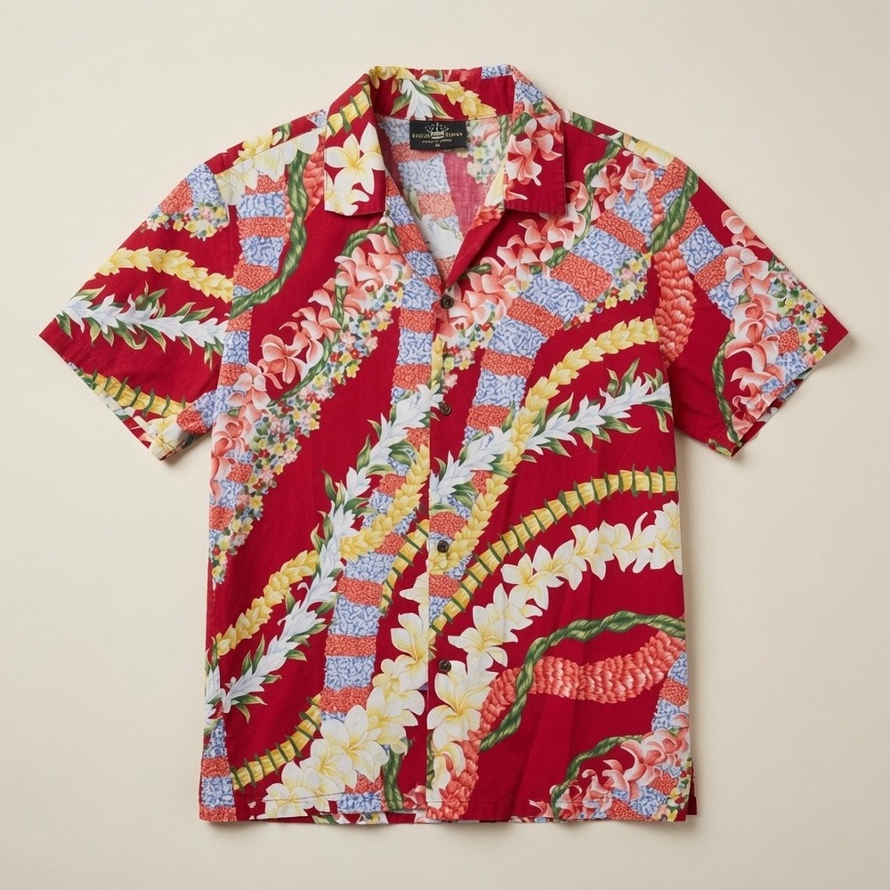 Royal Creations Hawaiian Shirt Mens Medium Red Floral Lei Made in Hawaii‎ Cotton